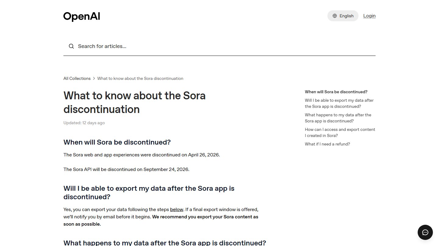 Официальная справка OpenAI о закрытии Sora: сайт и приложение отключены 26 апреля 2026, API — 24 сентября 2026