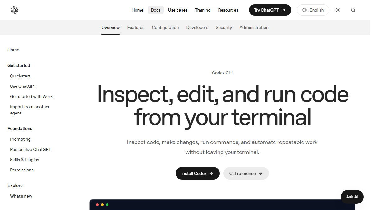 Интерфейс OpenAI Codex