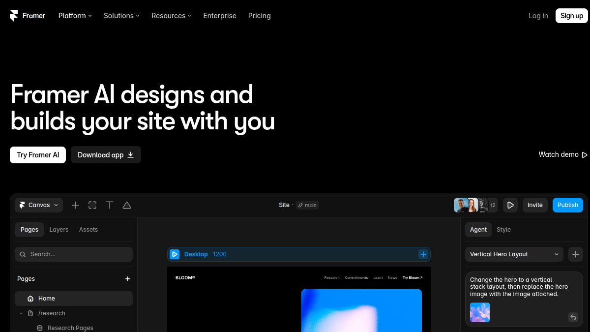 Интерфейс Framer AI
